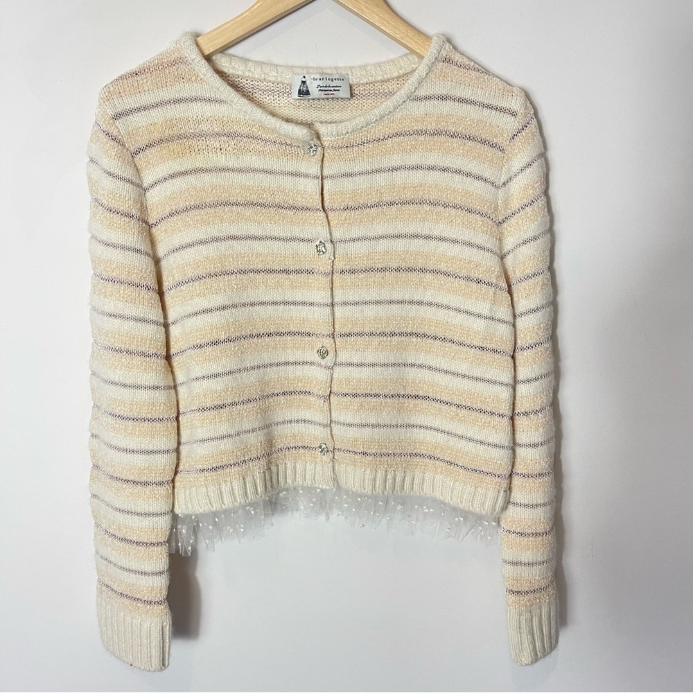 Leur Logette Alpaca And Wool Cream Stripe Metallic Tulle Trim Cardigan